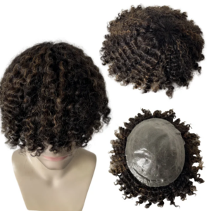 Indian Hair 12mm Curly Ombre Highlights T#1B HL#1B27 8×10 Knots PU Toupee for Black Men