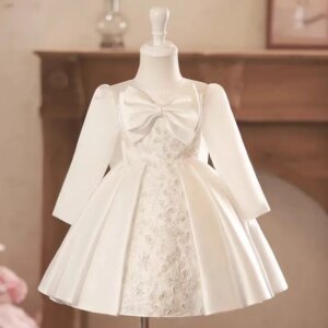 Jill Wish Elegant White Girl Dress Long Sleeve Lace for Eid Knee Length Princess Kids Wedding Toddler Birthday Party Gowns J476