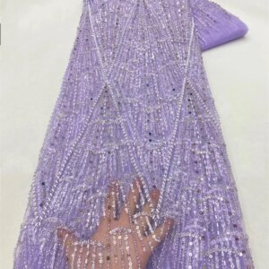 5 Yards Luxury African Heavy Beaded Lace Tulle Fabric 2024 French 3D Flower Embroidered Purple Fabric For Sewing Material