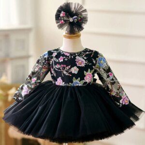 Jill Wish Black Baby Lace Long Sleeve Adorable Girl Dress with Bow Knee Length Princess Wedding Birthday Party Ball Gown J057