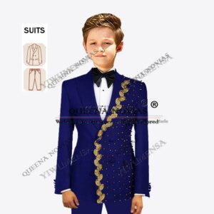 Luxury Gold Pearls Boy Suits For Wedding Customized Double Breasted Jacket Pants 2 Pieces Children Tuxedos traje de niño formal