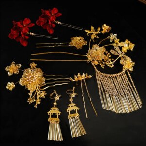 Golden Xiuhe Headdress Classical Hairpin Chinese Decoration Ancient Style Headdress Tassel Buyao Morning Gowns Cheongsam