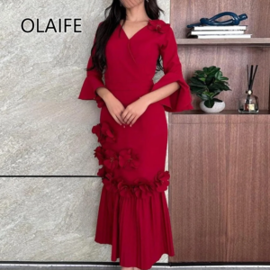 Women’s V-neck Satin Floral Saudi Evening Dress Sheath Long Puff Sleeve Ankle-Length Evening Bridesmaid Gown Customized