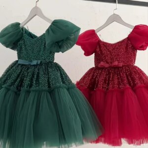 Jill Wish Elegant Sequins Christmas Puffy Sleeve Girl Dress Arab Kid Princess Wedding Birthday Party Holiday Ball Gown J272