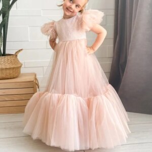 Jill Wish Elegant White Girl Dress Feathers Princess White Dubai Gown for Kids Wedding Communion Party Quinceanera 2025 J169