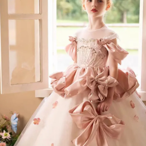Luxury Pink Dubai Satin Girl Dress with Bow Crystal Lace Princess Wedding Birthday Pageant Party Performance Gown