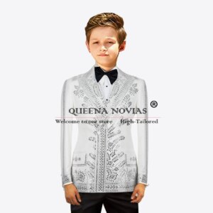 White Boys’ Attire For Wedding Diamond Beaded Stones Kids Suit Formal Occasion Party Gowns Customized 2-Piece Children Clothing