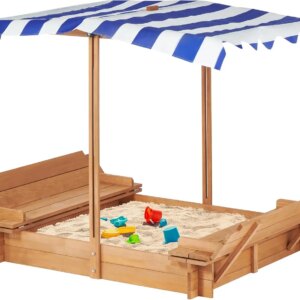 Kids Sandbox with Adjustable Cover, 46.5″ Wooden Sand Box with 2 Foldable Bench Seats, Outdoor Sandpit for Backyard Play