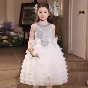Jill Wish Elegant Silver Shiny Flower Girl Dress Tiered A-Line Princess Kids Wedding 1st Birthday Performance Party Gown J431