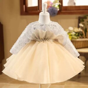 Jill Wish Adorable Chamagne Girl Dress Tiered Long Sleeve Princess Toddler Kids Wedding 1st Birthday Holiday Party Gown J479