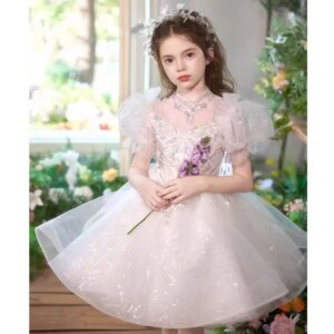 Jill Wish Elegant Crystal White Flower Girl Dress Puffy Sleeve Princess Wedding Birthday Party Ball Gown vestidos de novia J514