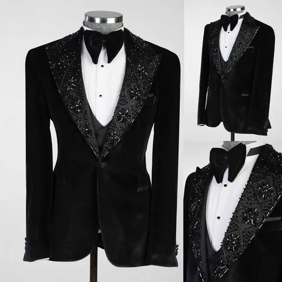 Classic Simple Wedding Men Suits Solid Color Bestman Lapel Beading Groom Wear Business Party Men's Jacket Formal Suit Customized