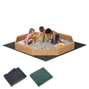 Wooden Octagon Sandbox with Cover, Outdoor Sand Box with 4 Bench Seats, Nylon Cover, Bottom Liner, Large Sandpit for Ages 3-8