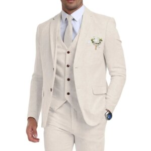 Retro Linen Mens Suit 3 Pieces Light Weight Casual Linen Summer Slim Fit Suits Tuxedo Jacket Blazer Business Wedding Groom Prom