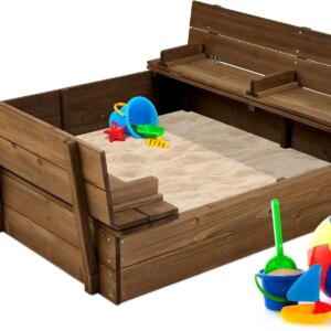 Kids’ Outdoor Wooden Sandbox Large, Cedar Wood with Foldable Bench Seats and Sand Protection, Bottom Liner Included – Walnut