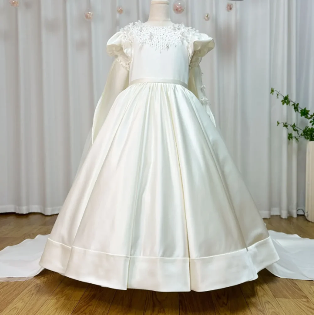 Luxury White Dubai Girl Dress Beaded Pearls Satin Arabic Princess Kids Wedding Birthday Party Long Ball Gown 2025