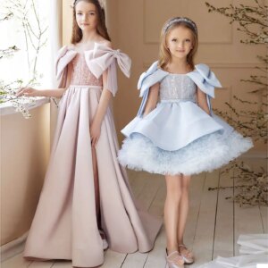 Dreamy Vow Luxury Elegant Pink Flower Girl Dress Bow Sequined Blue Princess Gown for Kids Wedding Birthday Communion Party J148