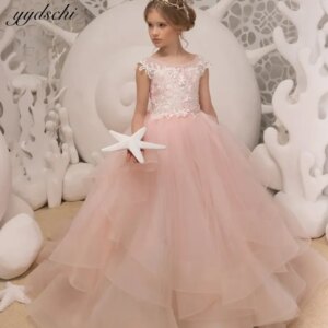 Flower  Lace Layer Ball Gown Appliques Fairy Dress Maxi Long Wedding Prom Dress Evening Party Girls Princess Dress For Girls