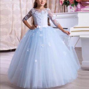 Customized Blue Flower Girl Dresses For Wedding Appliques 3/4 Sleeves Floor Length Kids Birthday Party First Communion Ball Gown
