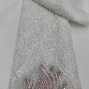 Luxury Lace High Quality Fabrics 2025 White 5 Yards Lace Fabrics Quality 2025 Sale Beaded Mesh Fabric For Princess Dress W508-1