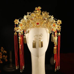 Bridal Headdress Luxury Golden Crown Tassel and Gown Back Crown Xiuhe Clothing Chinese Bridal Wedding Accessories