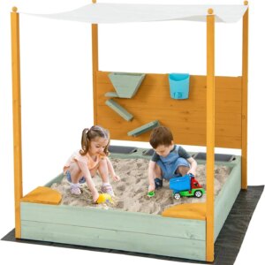 Kids Sandbox with Sand Wall, Wooden Sandpit w/Removable Canopy, Water Bucket, Storage Bins, 2 Corner Seats & Bottom Liner, Outdo