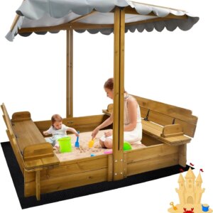Kids Sandbox with Lid, Wooden Sand Box with Cover Outdoor, UV-Protection & Natural Wood, Foldable Bench Seat, Adjustable Canopy,