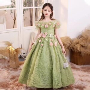 Jill Wish Luxury Sage Green Girl Dress with Flowers Arab Long for Princess Kids Birthday Wedding Party Pageant Holiday Gown J190