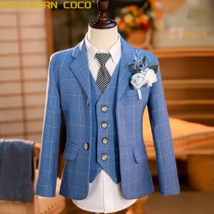 Children’s Suit Set Blue Check Stage Costume Formal Boy’s Evening Pageant Dresses Suit For Boys Party Dresses White Stripes