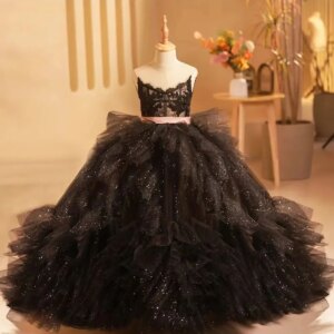 Jill Wish Luxury Arabic Black Girl Dress Sequined Appliques Kids Princess Birthday Wedding Party First Communion Gown 2025 J239