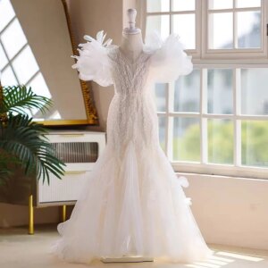 Jill Wish J556 Luxury White Mermaid Flower Girl Dresses Puffy Sleeve for Kids Wedding Birthday Pageant Communion Party Gown