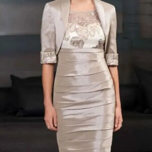 Sheath Mother Of The Bride Dresses Jewel Neck Short Sleeve Applique Two Pieces Wedding Guest Dresses Knee Length Evening Gowns
