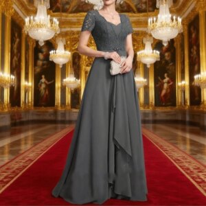 New Lace Simple Gray Mother of the bride Half Sleeve Dress Chiffion Draped Fashion Irregular neckline A-line Dress Customized