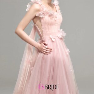 ESBRIDE Luxury Pink Tulle Wedding Dress 2025 Square Neck Sleeveless Flower Embellished High Waisted Long Bridal Gown For Women