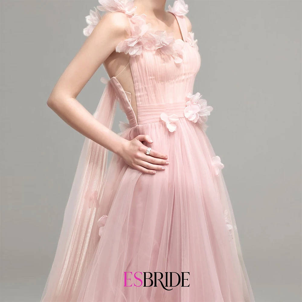 ESBRIDE Luxury Pink Tulle Wedding Dress 2025 Square Neck Sleeveless Flower Embellished High Waisted Long Bridal Gown For Women