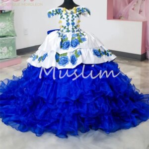 Charro Blue And White Flower Girls Dress 2025 With Flower Embroidery Vestido Mini Quinceañera Dress Tiered Birthday Customized