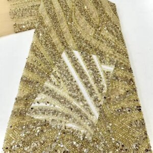 Luxury 2025 African Gold Lace Fabric High Quality French Tulle Lace Fabric For Wedding Beaded Nigerian Lace Fabric 5Yards A836-1