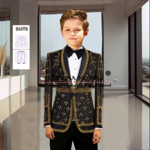 Gold Beaded Pearls Boy’s Suits For Wedding Exclusive Single Breasted Prom Blazers Customized 2 Pieces Kids Birthdays Party Dress