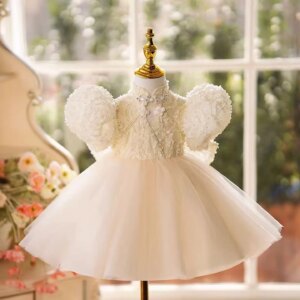 Jill Wish Elegant White Arabic Flower Girl Dress High Neck Princess for Kids Wedding 1st Birthday Holiday Party Ball Gown J491