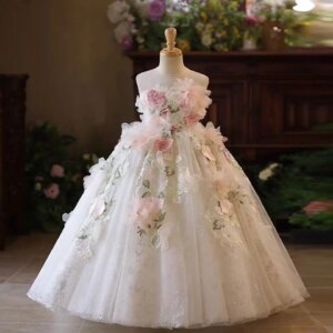 Jill Wish Luxury Floral Pink Flower Girl Dress Sleeveless Lace for Eid Princess Wedding Pageant Birthday Party Ball Gowns J197