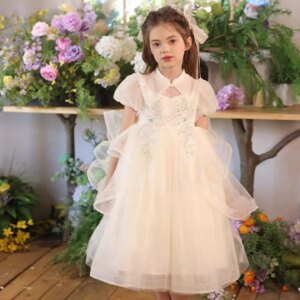Jill Wish Elegant Beige Lace Flower Girl Dress Beading Tea Length Princess Kids Wedding Birthday Party Holiday Prom Gown J528
