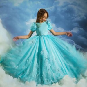 Luxury Turquoise Flower Girl Dresses Feather Beaded Children Birthday Party Gowns Ruffles Kids Wedding Guests Dresses