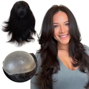 16 inches Malaysian Virgin Human Systems 1b# Black Color Knots  PU Toupee 8×10 Skin Units for Woman