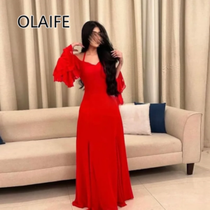 Flowing V-neck Chiffon Formal Evening Dres with Long Sleeve A-line Floor-Length Backless Bridesmaid Evening Gown Customized