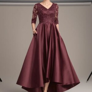 Fashion V Neck 3/4 Sleeveless Sequined Applique Pocket A Line Satin Wedding Guest Gown Evening Mother of The Bride Dress