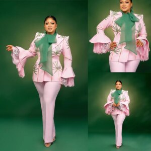 Colorful Beaded Women Pants Suits 2 Pieces Plus Size Lace Cuff Blazer Mother Suits Customized Wedding Guest Outfit