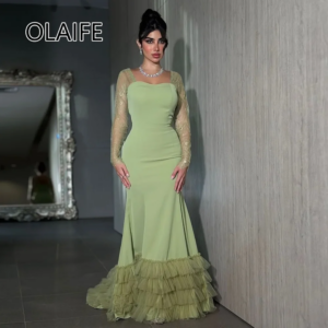 Graceful Sweetheart Collar Satin Tiered Women Saudi Arab Dress Backelss Sheath  فساتين سهرة with Long Illusion Sleeve Customized