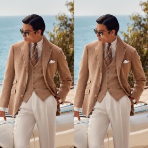 Classic Brown Wedding Men Suits Tuxedos Small Herringbone Notched Lapel Buttons Pockets Customized 2 Pieces Jacket Vest
