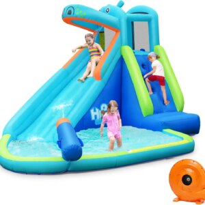 Inflatable Water Slide, Hippo Theme Blow Up Water Park Bounce House for Backyard, Climbing Wall & Slide, Indoor Outdoor Watersli