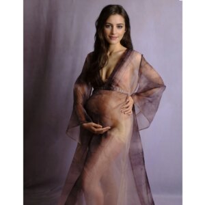 Don&Judy Organza Tie Dye Deep V-neck See Through Maternity Photo Shoot Dress Flare Sleeve Soft Pregnancy Women Photography Gown